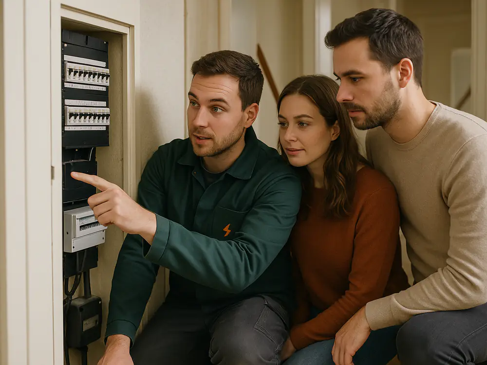 Elektricien wijst een jong stel de gelabelde groepen van hun nieuwe groepenkast aan