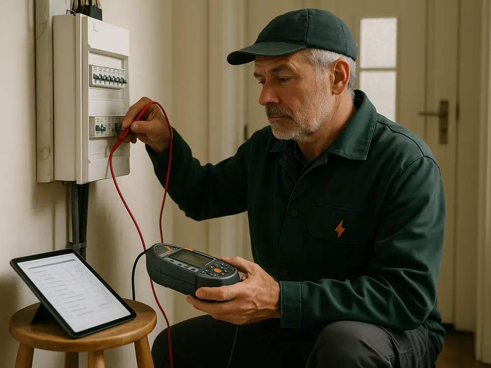 Elektricien meet de installatie door met een installatietester bij de groepenkast