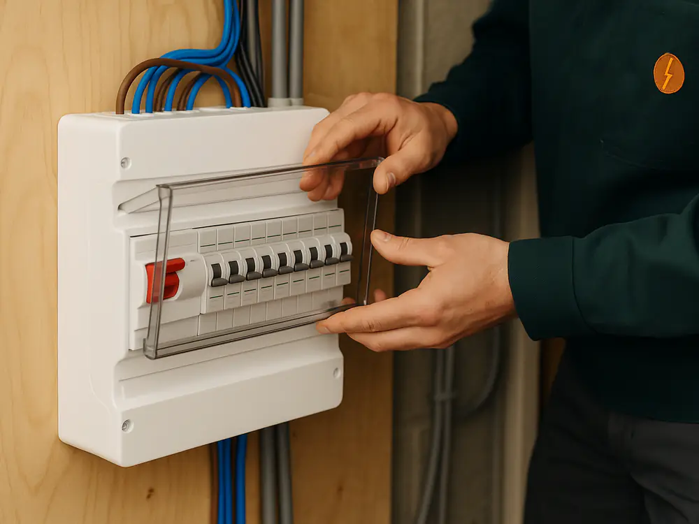 Nieuwe witte groepenkast met hoofdschakelaar, twee aardlekschakelaars en gelabelde groepen