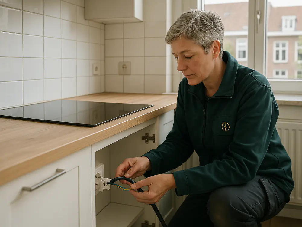 Elektricien sluit een inductiekookplaat aan op een perilex-wandcontactdoos onder het aanrecht