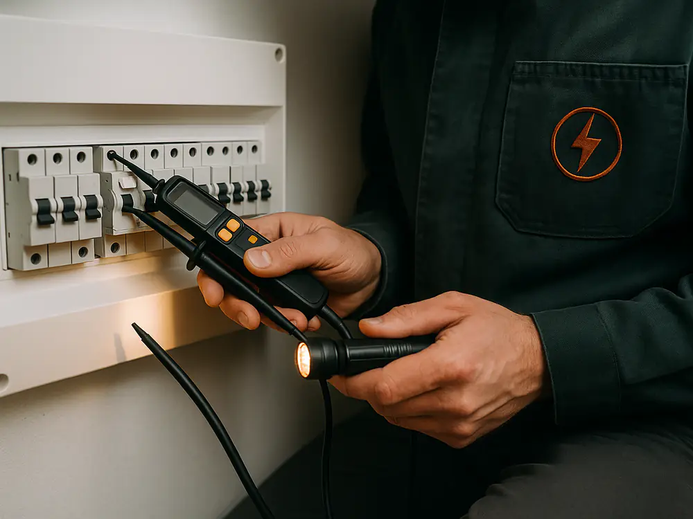 Elektricien meet met een spanningzoeker aan een uitgeschakelde aardlekschakelaar