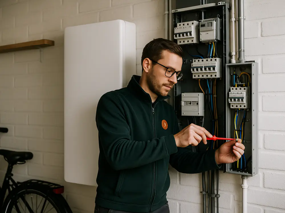 Elektricien sluit een witte thuisbatterij aan in een opgeruimde garage