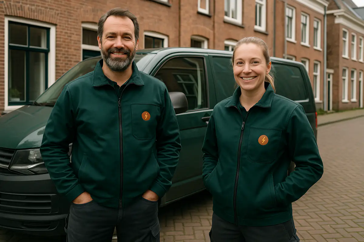 Twee elektriciens van De Elektricien van Groningen bij hun groene servicebus in een Groningse straat
