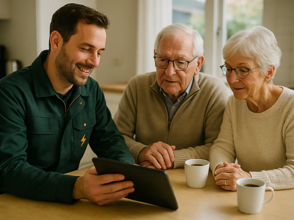 Elektricien bespreekt de offerte op een tablet met een ouder echtpaar aan de keukentafel