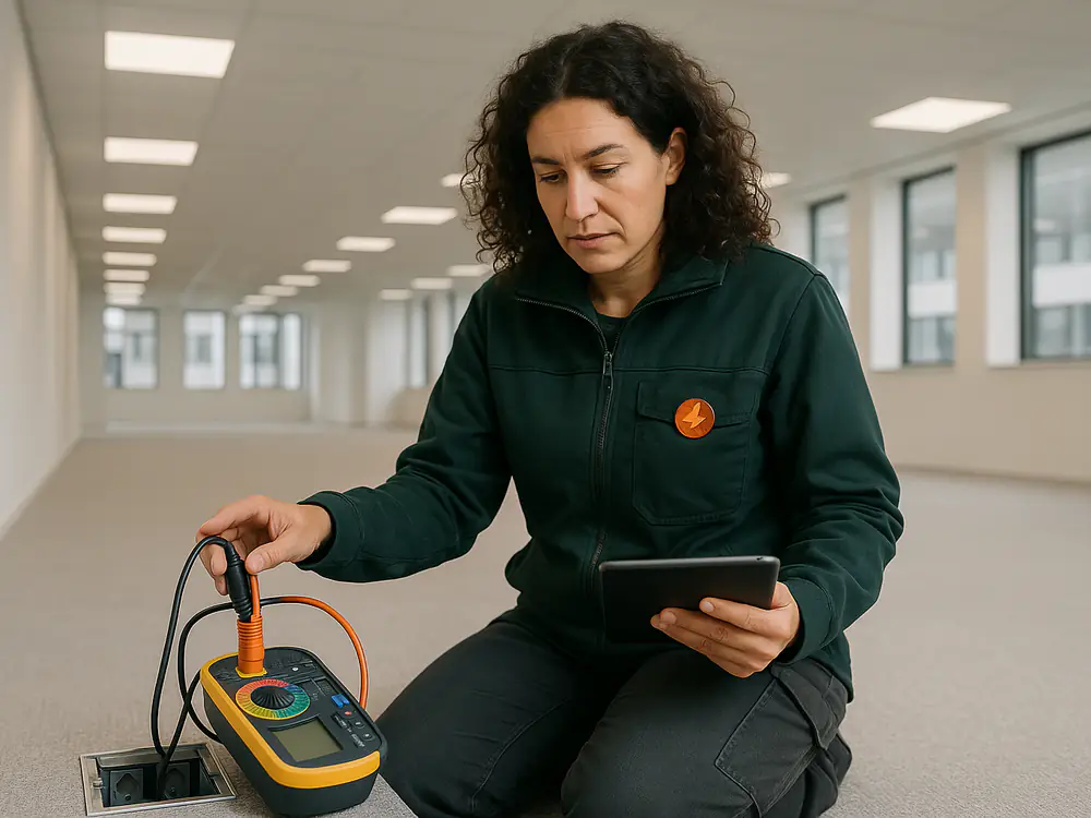 Elektricien test een vloerdoos in een nieuw opgeleverde kantoorvloer