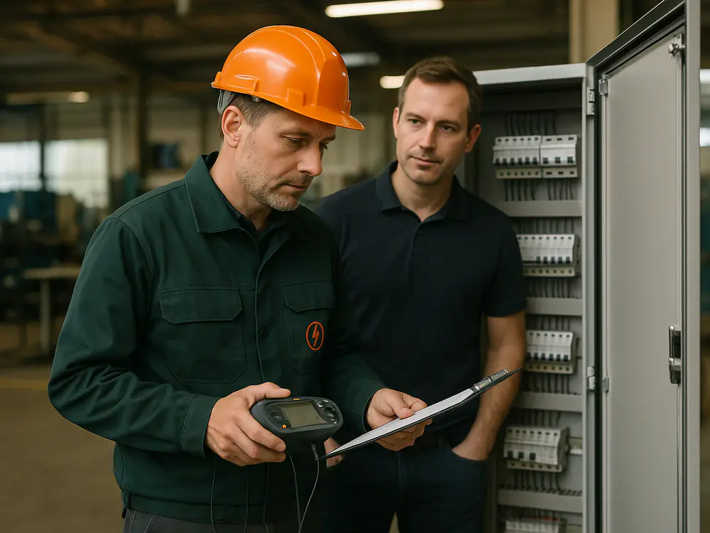 Elektricien inspecteert een grote verdeelkast in een werkplaats volgens NEN 3140